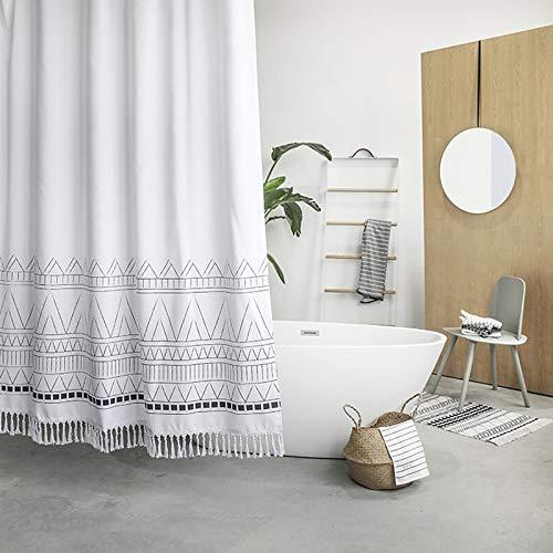RoomTalks Boho Tassel Plastic Shower Curtain White Extra Long 84-Inch Waterproof Bathroom Shower Curtain Sets Simple Modern Geometric Minimalist Design (72’’W x 84’’L, White)