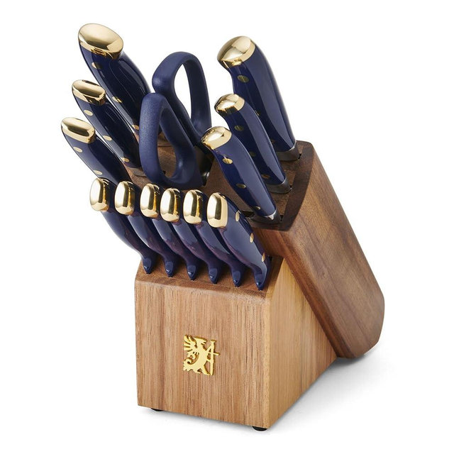 Sabatier 14-Piece Forged Triple Rivet Knife Set with Acacia Block, Navy with Gold, High-Carbon Stainless Steel Blades for Precision Cutting