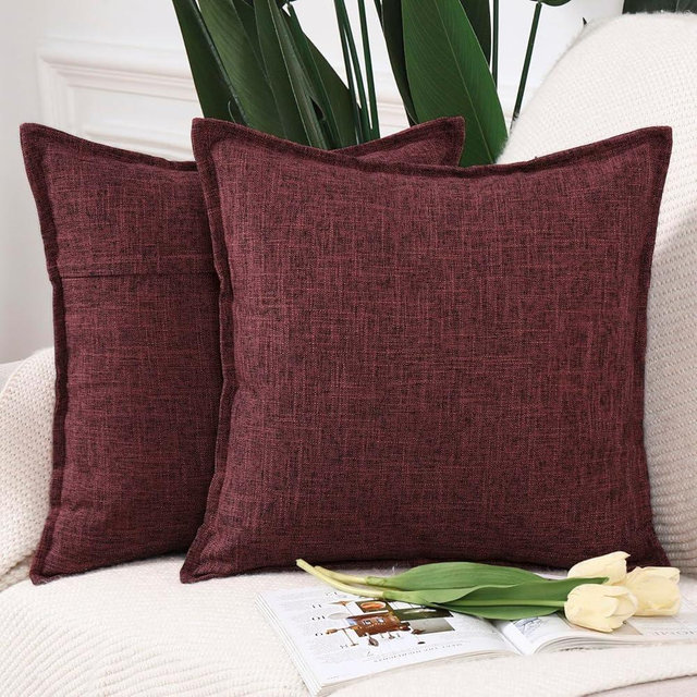 MADIZZ Set of 2 Flanged Linen Throw Pillow Covers 18x18 Inch Burgundy Soft Decorative Cushion Cover for Sofa Bedroom Pillow Shell