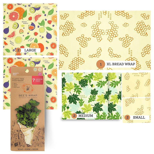 Bee's Wrap Reusable Beeswax Food Wraps Made in the USA, Eco Friendly Beeswax Food Wrap, Sustainable Food Storage Containers, 7 Piece Variety Pack, Assorted 7 Pack (2S, 2M, 2L, 1 Bread), Variety Prints