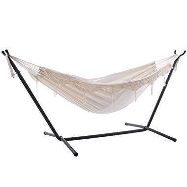 Vivere Double Hammock with Space Saving Steel Stand, Natural (450 lb Capacity - Premium Carry Bag Included)