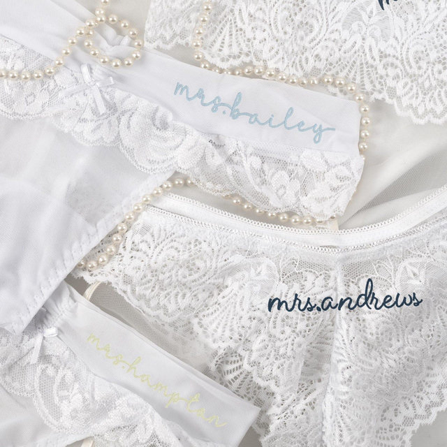 Wedding Lace Cheeky Panty Bridal Underwear, Embroidered Custom Something Blue, Future Mrs.