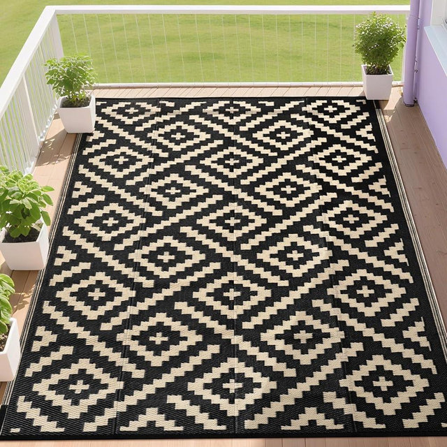 RURALITY Outdoor Rugs 9x12 Feet for Patios Clearance,Plastic Straw Waterproof Mats for Backyard,Porch,Deck,Balcony,Black&Beige