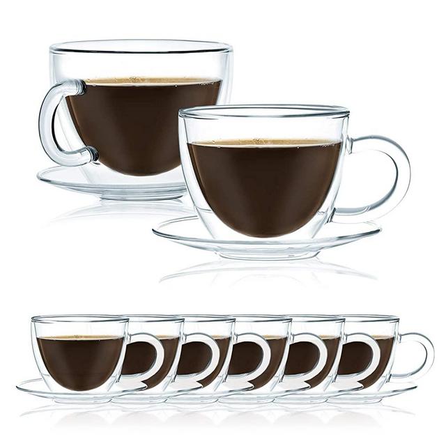 JavaFly Basic Apia Double Wall Mug with Saucer 12 oz, 8 Pack