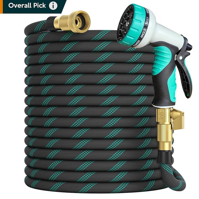 Garden Hose 50 ft, 2025 Upgarded Flexible Water Hose 50ft With 10-Pattern Spray Nozzle, Kink-Free, Lightweight, Durable, Leak-Proof Solid Brass Fittings (Black & Cyan)