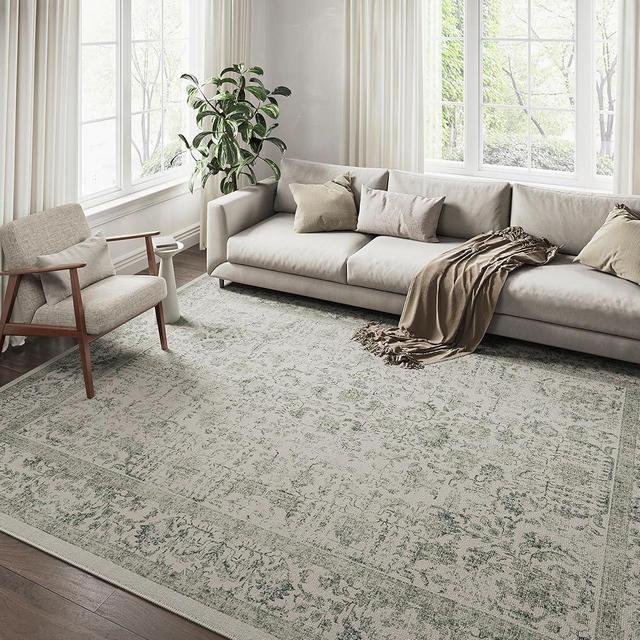 PureCozy Green Area Rug 8x10 Indoor Vintage Living Room Large Carpet Washable Distressed Rug Floral Bedroom Rug Retro Accent Throw Rug for Office Dining Room Nursery