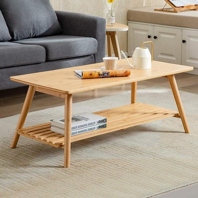 Nnewvante Coffee Table Foldable Bamboo Cocktail Table TV Stand with Open Storage Shelf Center Table for Living Room Furniture RV No Assembly