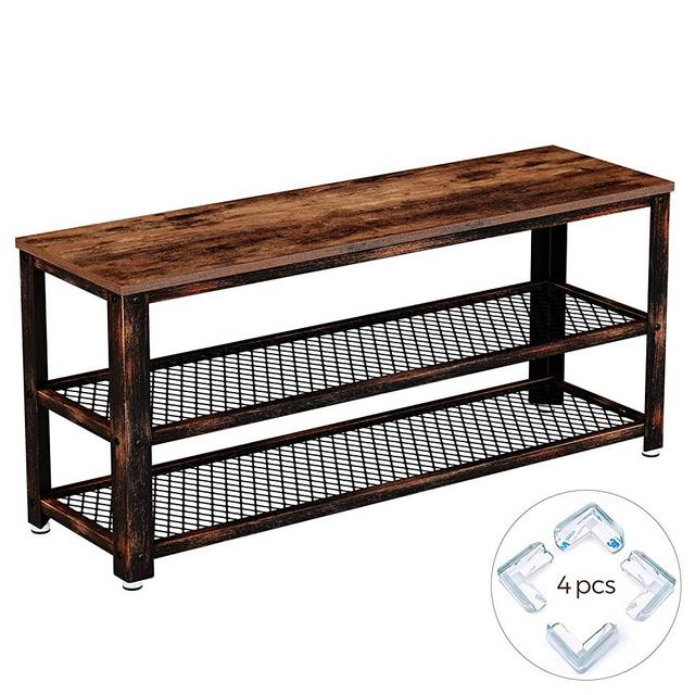 Rolanstar Rustic 3-Tier Shoe Bench, Wood Look Accent Entryway Shoe Rack with Corner Protectors, Storage Bench with Retro Metal Frame, for Living Room, Hallway SH001-D