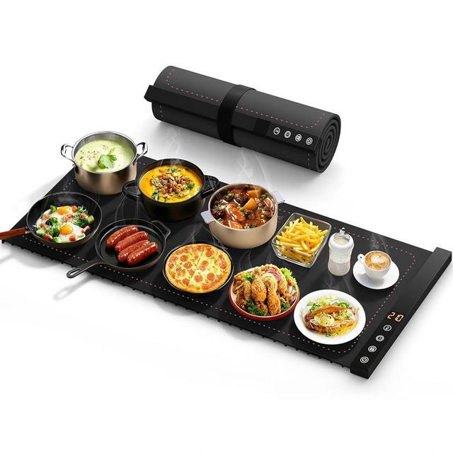 Warming Mat for Food - Full Surface Rapid Heating, Rollable & Portable Food Warmer Mat with 6 Temperature Settings and 1-4 Hours Adjustable Timer, Silicone Heating Mat for Party Buffet (Black-XXL)
