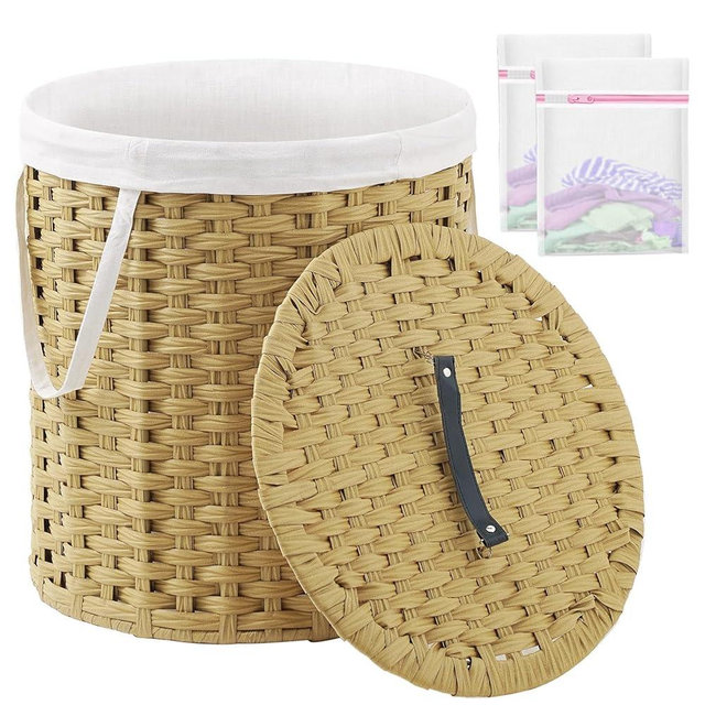 SETVSON Laundry Hamper with Lid Wicker Laundry Hamper Round 26.5 Gal (100 L) Laundry Basket Handwoven Rattan Laundry Basket with Removable Bag Handles 2 Mesh Bags for Living Room Bedroom Natural