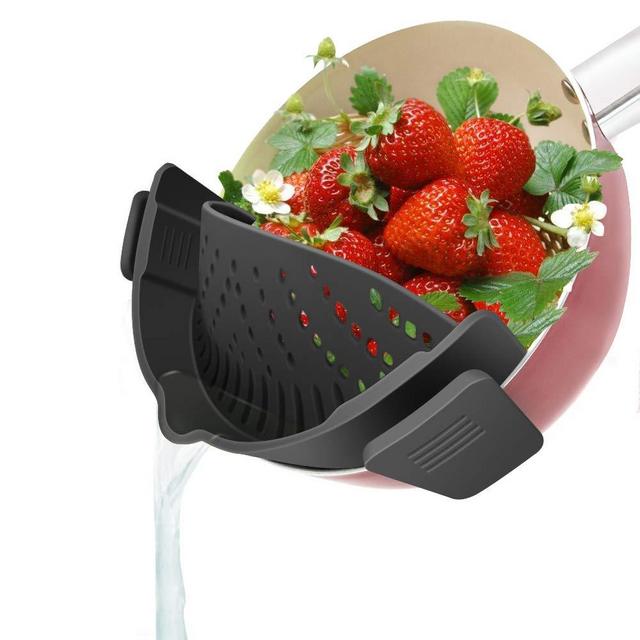 YEVIOR Clip on Strainer for Pots Pan Pasta Strainer, Silicone Food Strainer Hands-Free Pan Strainer, Clip-on Kitchen Food Strainer for Spaghetti, Pasta, Ground Beef Fits All Bowls and Pots - Black