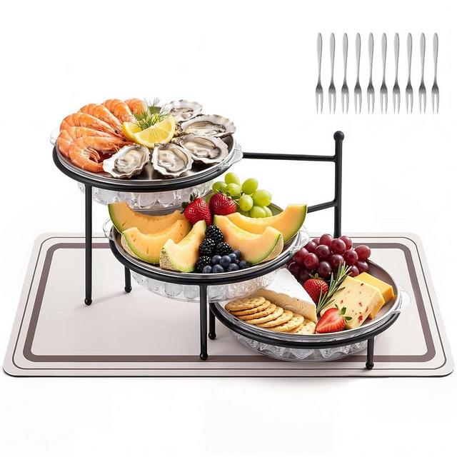 Ferrochef 3 Tiered Serving Stand with 3 Set Chilled Serving Tray, 11.8" Stainless Steel Plates with Round Ice Platter, Absorbent Mat & 10 Fruit Forks, Rotating Dessert Display for Parties, Seafood