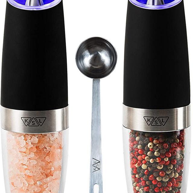 KSL Gravity Electric Salt and Pepper Grinder Set - Black Automatic Adjustable Shaker, One Hand Operated Powered Spice Mill, Battery Operated Peppermill Light, Housewarming Gift Idea, Holiday Present