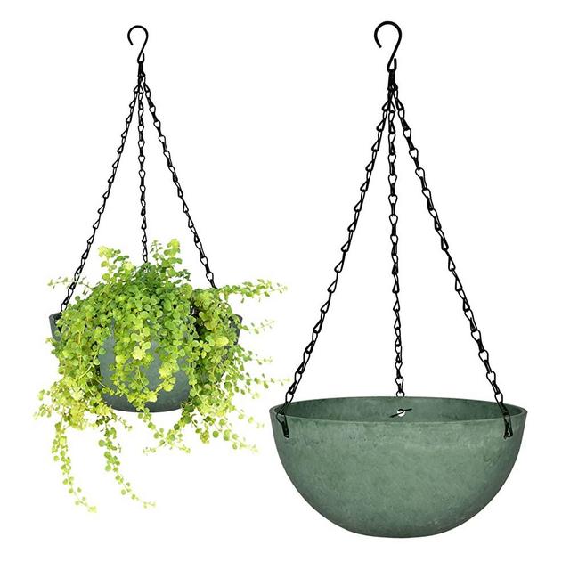 Hanging Planters for Indoor Plants, wiwoo 10 Inch Hanging Basket Flowers Pot with Drainage Hole and Plugs for Outdoor Balcony Patio House Garden Decoration Set of 2, Marble Pattern - Green