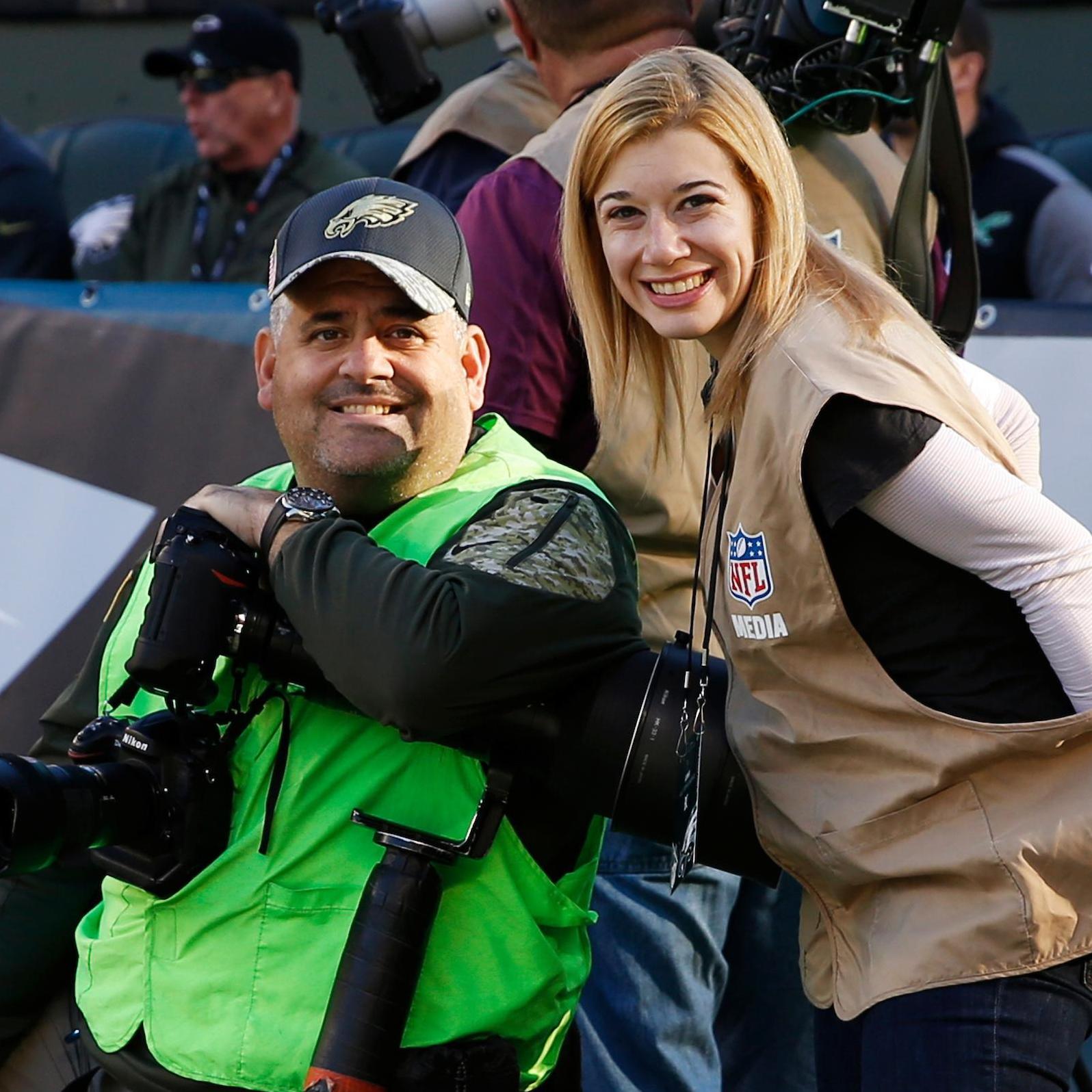 Dani assisting Drew at an Eagles' game. (Yes, the Eagles won this game -- The date was Sunday, November 13th, 2016, and the Eagles beat the Atlanta Falcons, 24-15.)