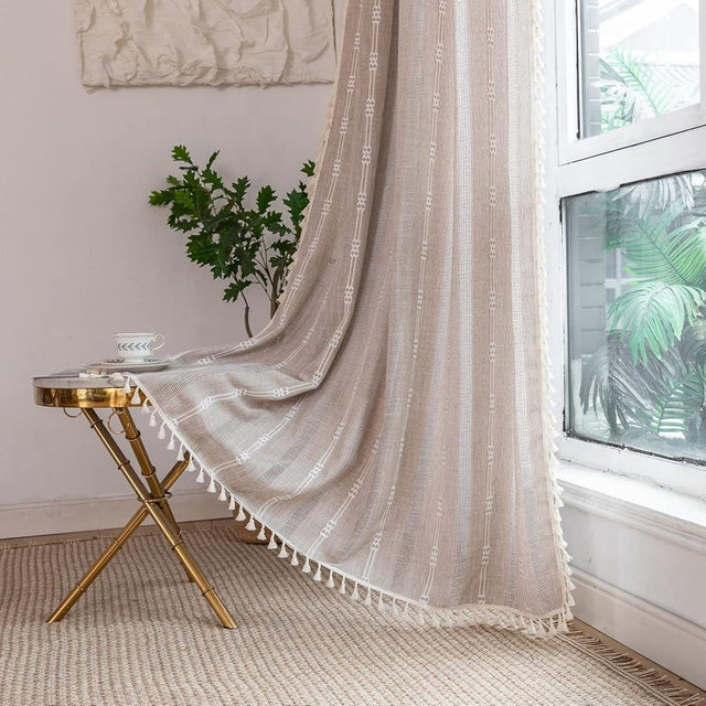 Linen Curtains 63 Inch Length 2 Panels for Living Room Embroidery Khaki Boho Curtains for Bedroom Rustic Farmhouse Tassel Light Filtering Window Curtains Rod Pocket Drapes (52" W x 63" L,Khaki)