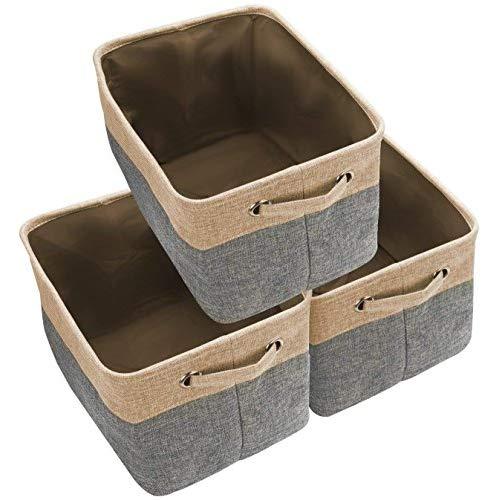 Awekris Large Storage Basket Bin Set [3-Pack] Storage Cube Box Foldable Canvas Fabric Collapsible Organizer with Handles for Home Office Closet, Grey/Tan (Grey)