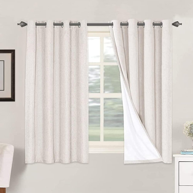 Primitive Linen Curtains 100% Blackout Curtain Drapes Burlap Fabric Curtains with White Thermal Insulated Liner, Grommet Top Curtains Living Room/Bedroom (2 Panels, 52 x 54 Inch, Ivory)