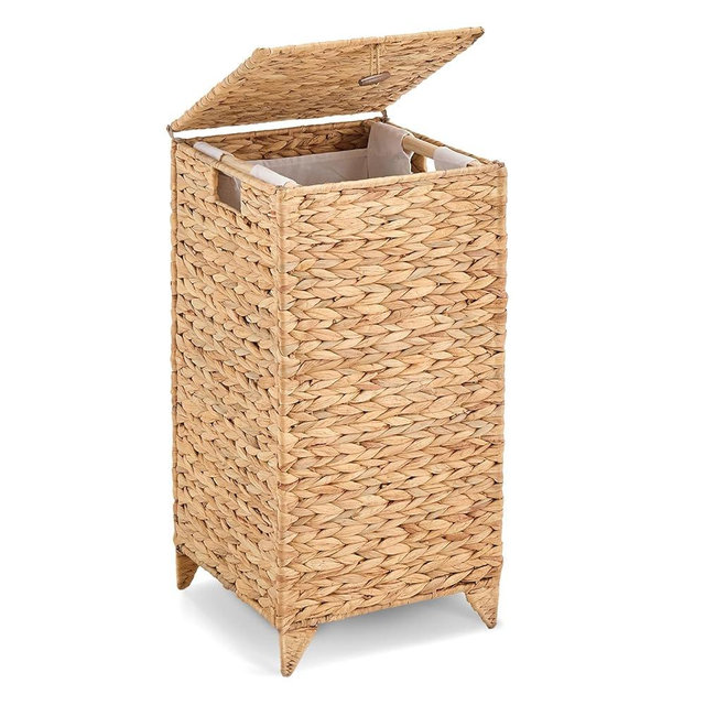 LGENHOOM Handwoven Laundry Hamper with Lid, Natural Hyacinth Heightened Feet Laundry Basket, Wicker Clothes Hamper with Removable Liner Bag