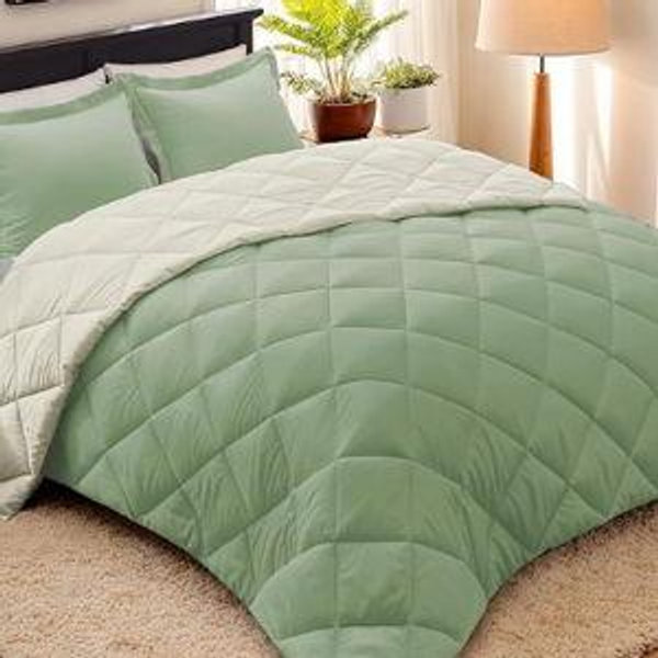 HIG 3pc Sage Green Queen Size Comforter Set-All Season Reversible Down Alternative Comforter with Two Shams -Quilted Duvet Insert with Corner Tabs - Diamond Stitched Blanket - Breathable, Soft, Fluffy