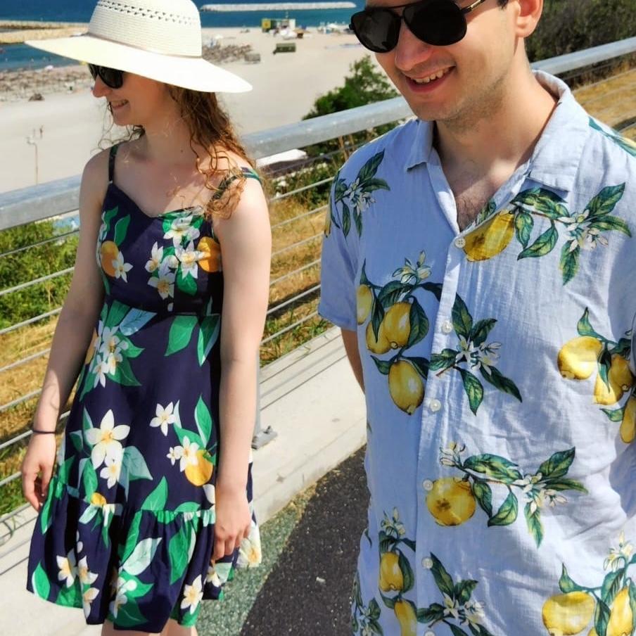Our matching citrus themed outfits - Eforie, Romania - June 2023
