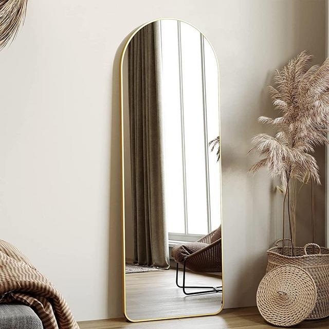 Honyee Full Length Mirror, Arched Mirror Floor Mirror with Standing Holder, Aluminum Alloy Frame Wall Mirror for Cloakroom/Bedroom/Living Room and More (63"x19" Arched, Gold)