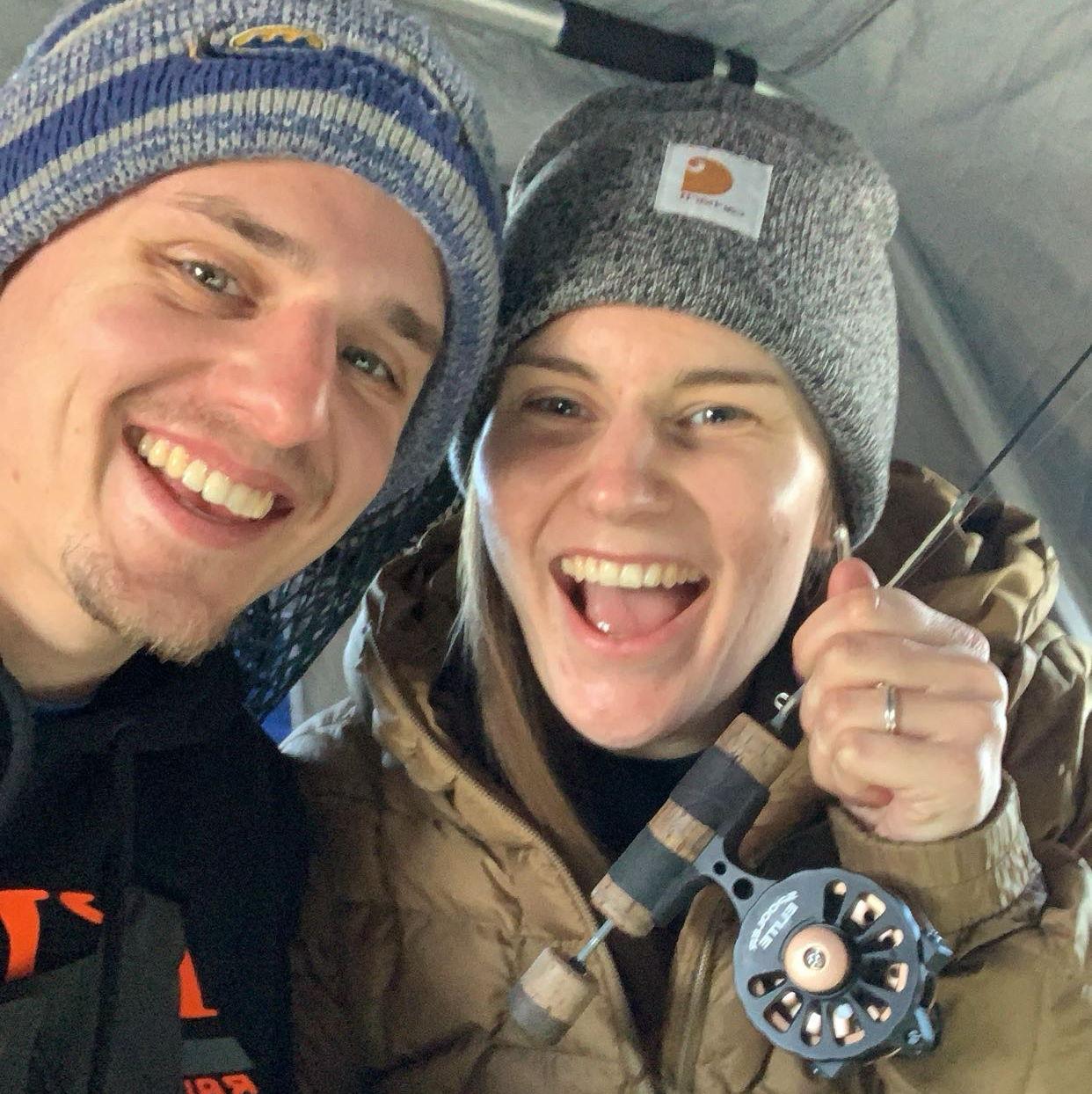 Our first time ice fishing together! Austin couldn't wait to get Jessica out on the ice