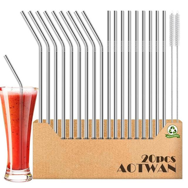 AOTWAN 20-Pack Reusable Stainless Steel Metal Straws, 9 Straight + 9 Bent 8.5 inch Metal Straws for 20 oz Tumblers Dishwasher Safe with 2 Cleaning Brushes