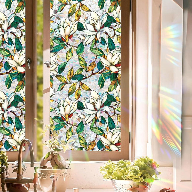 Stained Glass Window Cling - Rainbow Tinted Film, Sun Blocking, Privacy Faux Glass Stickers, Magnolia Flower Decal for Home (F, 17" W x 39.37" L)