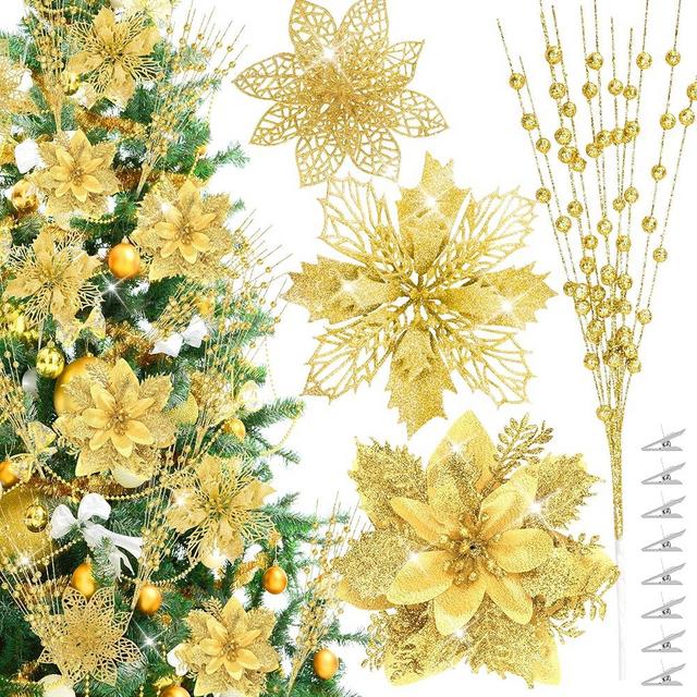 30Pcs Glitter Poinsettia Flowers Berries Stems Ornaments Kit, 24Pcs Artificial Flowers with Clips and 6Pcs Berry Picks Floral Decorations for Christmas Tree Wreath Fireplace Xmas Party Decor (Gold)