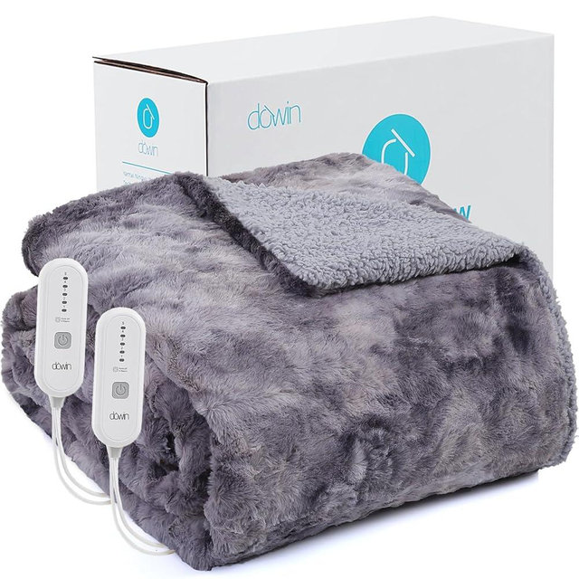 Heated Blanket King Size, Dual Controllers Faux Fur Electric Blanket, Tie-dye Plush Heating Blanket, Over-Heat Protect, 5 Heating Levels, ETL, Machine Washable (100"x 90" Grey)