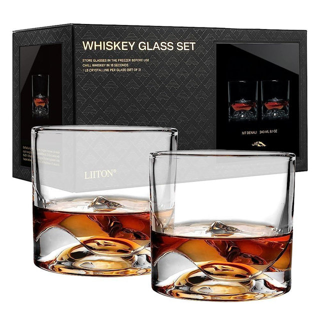 LIITON Denali Whiskey Glass Set of 2, 10oz Double Old Fashioned the highest peak in America, Perfect for Father's Day, Perfect for Chilling Whiskey, Bourbon, Tequila, and Scotch