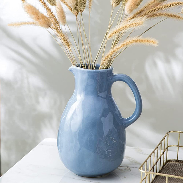 Kimdio Blue Ceramic Vase with Handle, Modern Pitcher Vase for Home Decor, Nordic Pottery Vase, Decorative Flower Vase, Clay Vase, Centerpieces for Living Room