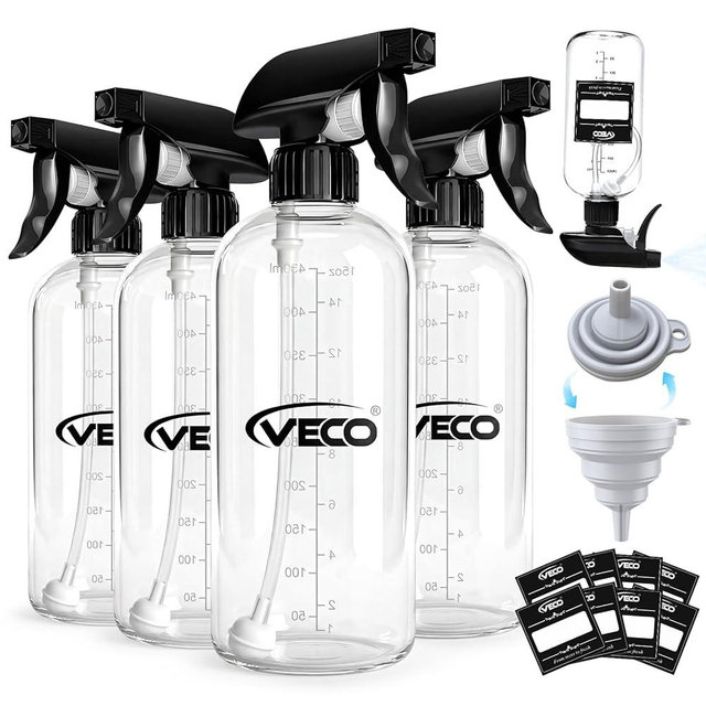 Veco 500mL (17oz) Graduated Spray Bottles, 4-Pack — 360° Any-Angle Spraying for Easy Dilution, Leak-Resistant spray bottles for Cleaning, Plants, Hair & Pet Use + Foldable Funnel