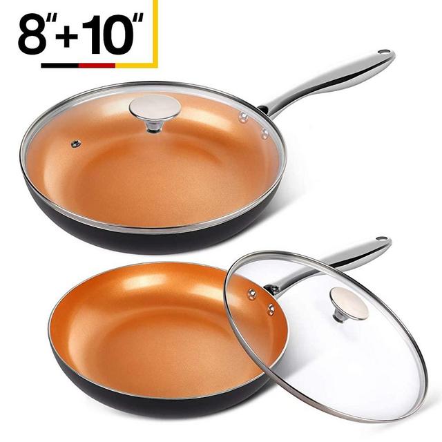 MICHELANGELO Copper Frying Pan Set with Lid, 8" & 10" Frying Pan Set, Nonstick Frying Pan Set, Copper Pans with Lid, Nonstick Skillets with Lid, Ceramic Fry Pan with Lid, 8" & 10"