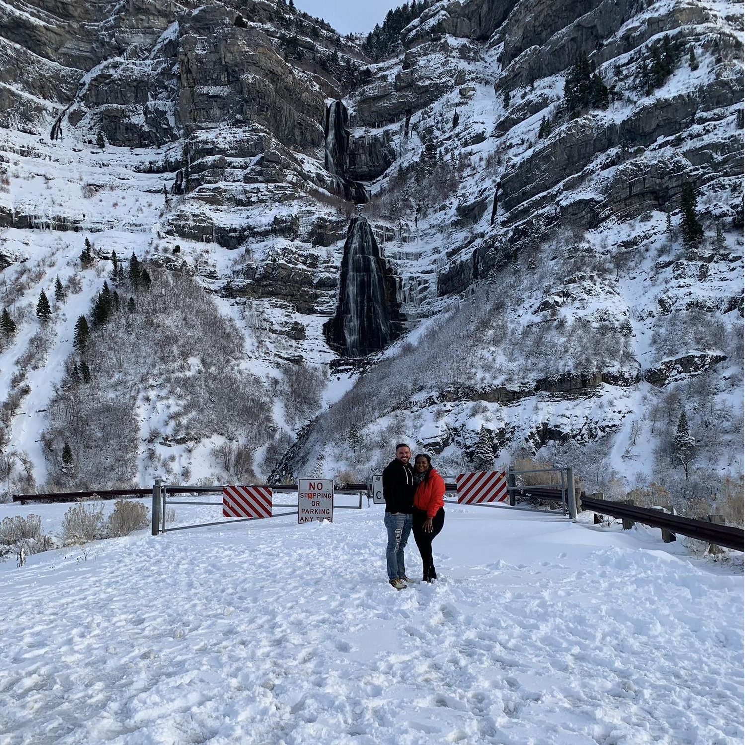 Bridal Veil Falls in Utah during Christmas trip to Utah. She would pop out of car for pic, freeze instantly, and jump back in the car. Ha