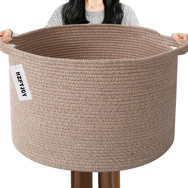 HZFTJOY 65L Large Blanket Basket,19.7" L x 19.7" W x 13" H Rope Woven Baskets with Handles, Toys Storage Bins,Laundry Basket Perfect for Living Room, Nursery,Bedroom,Home Organization,Brown