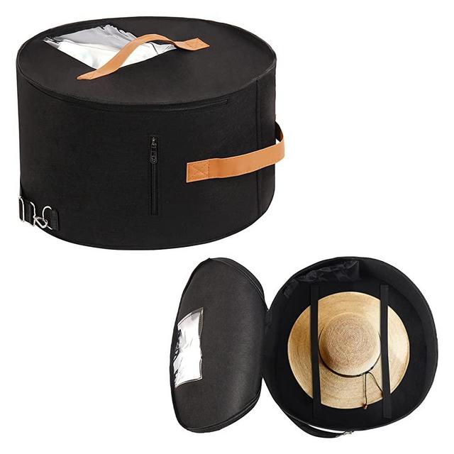 Round Hat Storage Box, Portable Felt Travel Hat Boxes for Women & Men with Translucent Dustproof Lid and Shoulder Strap for Various Types of Hats/Clothes & Toy Storage/Closet Organizer, Black