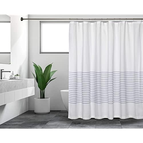 Sticky Toffee Woven Cotton Fabric Shower Curtain, 72 in x 72 in, White with Blue Thin Stripe