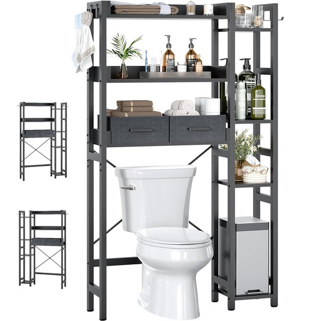 Over The Toilet Storage with 2 Drawers - 7 Tier Bathroom Organizer with Adjustable Shelf, Freestanding Space Saver Storage Rack Above Toilet Stand with 4 Hooks for, Restroom, Laundry, Black
