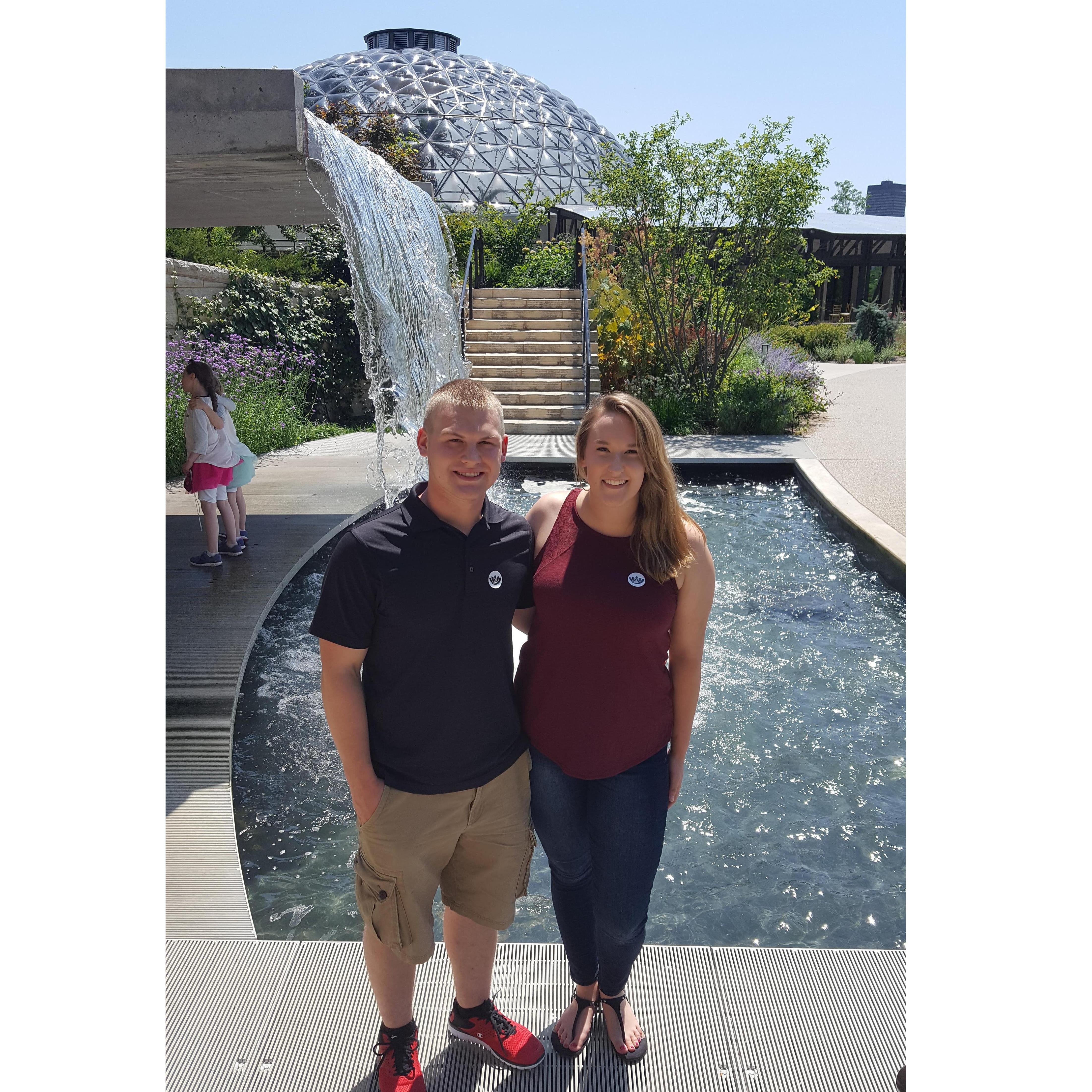 Our last picture as boyfriend and girlfriend... Drake proposed right underneath that waterfall moments later! Des Moines Botanical Gardens, July 14, 2017