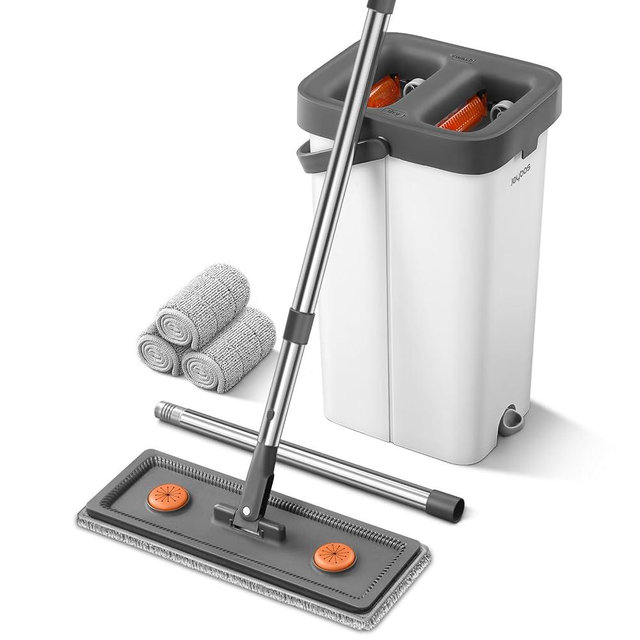 Mop and Bucket with Wringer Set for Home, Flat Mop Bucket Set with 3 Washable Microfiber Pads, Wet and Dry Mop with Long Handle，Wall Cleaner for All Floor Types and Windows