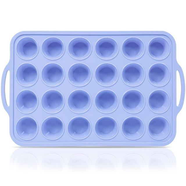 Vnray Mini Silicone Muffin Pan with Metal Frame, Non Stick Silicone Cupcake Pan with Handles 24 Cup, BPA Free Silicon Muffin Tin Tray Small for baking, egg bites, Cupcake Mold Blue