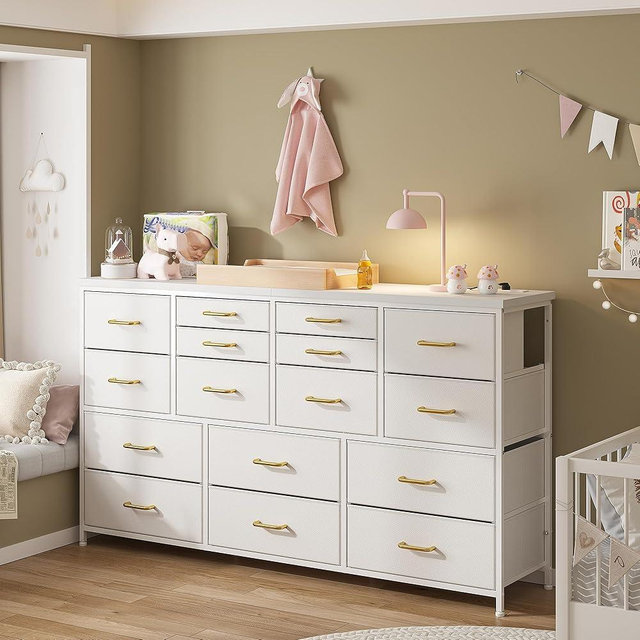 16 Drawers Long Dresser for Bedroom, 51"W Dressers with Power Outlets for 60"Inch TV for Living Room, Entertainment Center with Storage, Media TV Stand Console Table 51.1''W*11.8''D*34.8''H, White