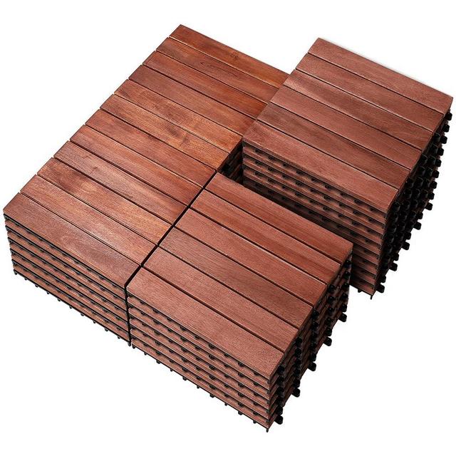 PrimeZone 27 PCS Solid Acacia Wood Interlocking Patio Deck Tiles - 12" x 12" Indoor Outdoor Waterproof Flooring Tiles for Balcony, Backyard, Garden & Poolside, All Weather Use, Brown
