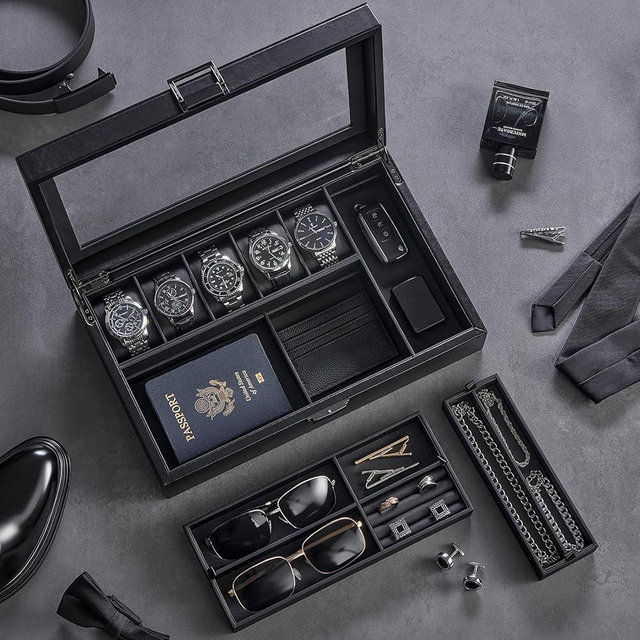 ProCase Men's Jewelry Box, 5-Slot Wood Watch Display Case Jewellry Storage Organizer for Sunglasses Rings Accessories with Hidden Compartment, Watch Holder with Glass Lid, Gift for Men -Black
