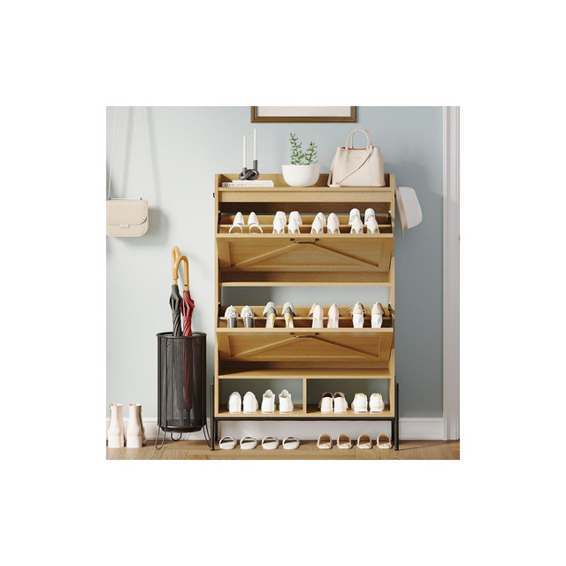 Wood Shoe Cabinet with 2 Flip-Up Drawers & Open Shelves - Stylish Shoe Organizer for Hallway, Bedroom & Entryway