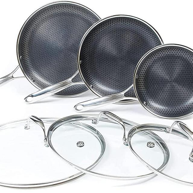 HexClad 6 Piece Hybrid Stainless Steel Cookware Pan Set with Lids - Metal Utensil and Dishwasher Safe, Induction Ready, PFOA-Free, Easy to Clean Non Stick Fry Pan with Covers