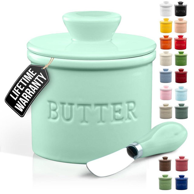 Zulay Kitchen Bell Shaped Butter Crock with Lid for Countertop with Water Line & Spreader Knife, Ceramic French Butter Dish Keeper For Fresh, Soft & Spreadable Butter - Mint