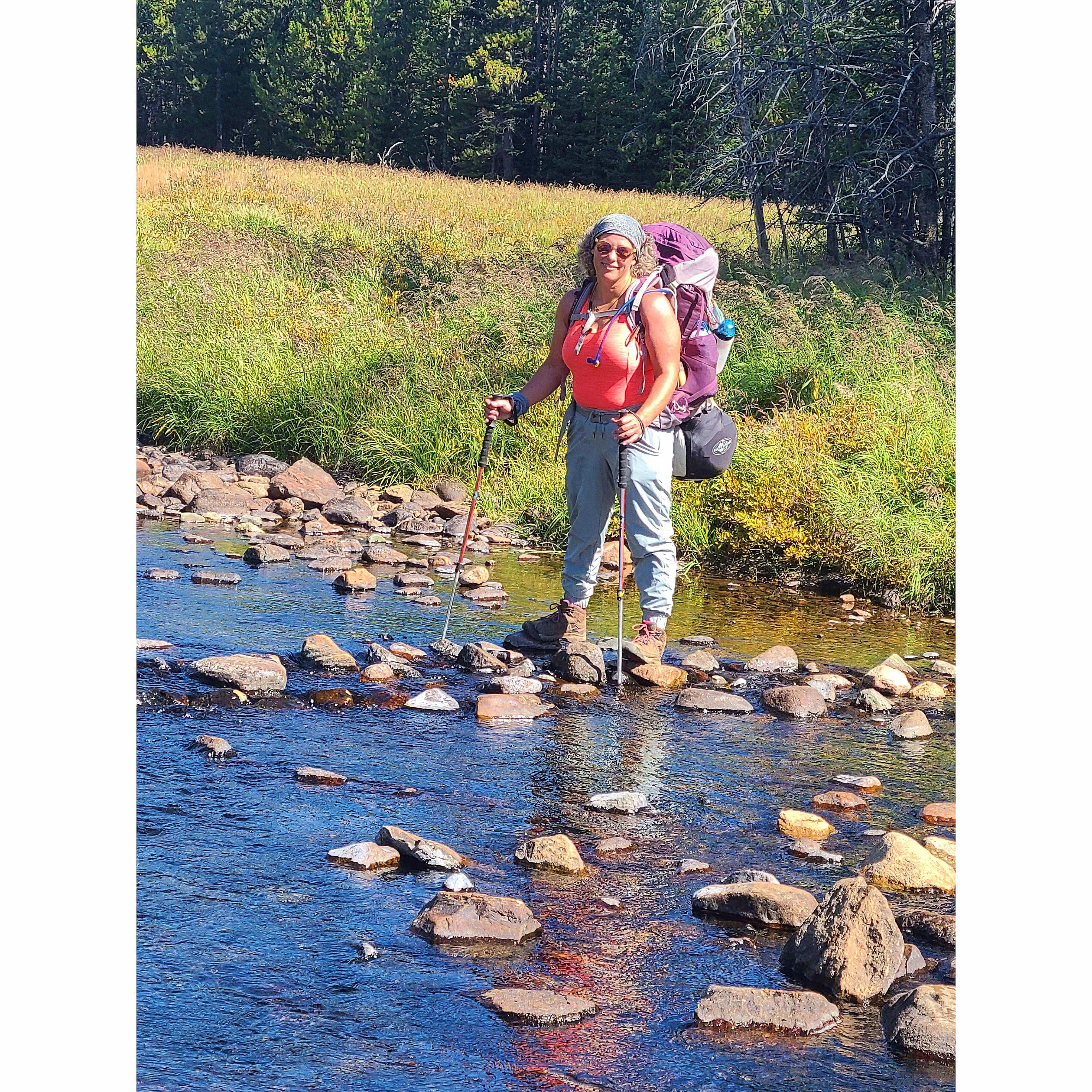 Testing out my creek-crossing skills in the Cloud Peak Wilderness.